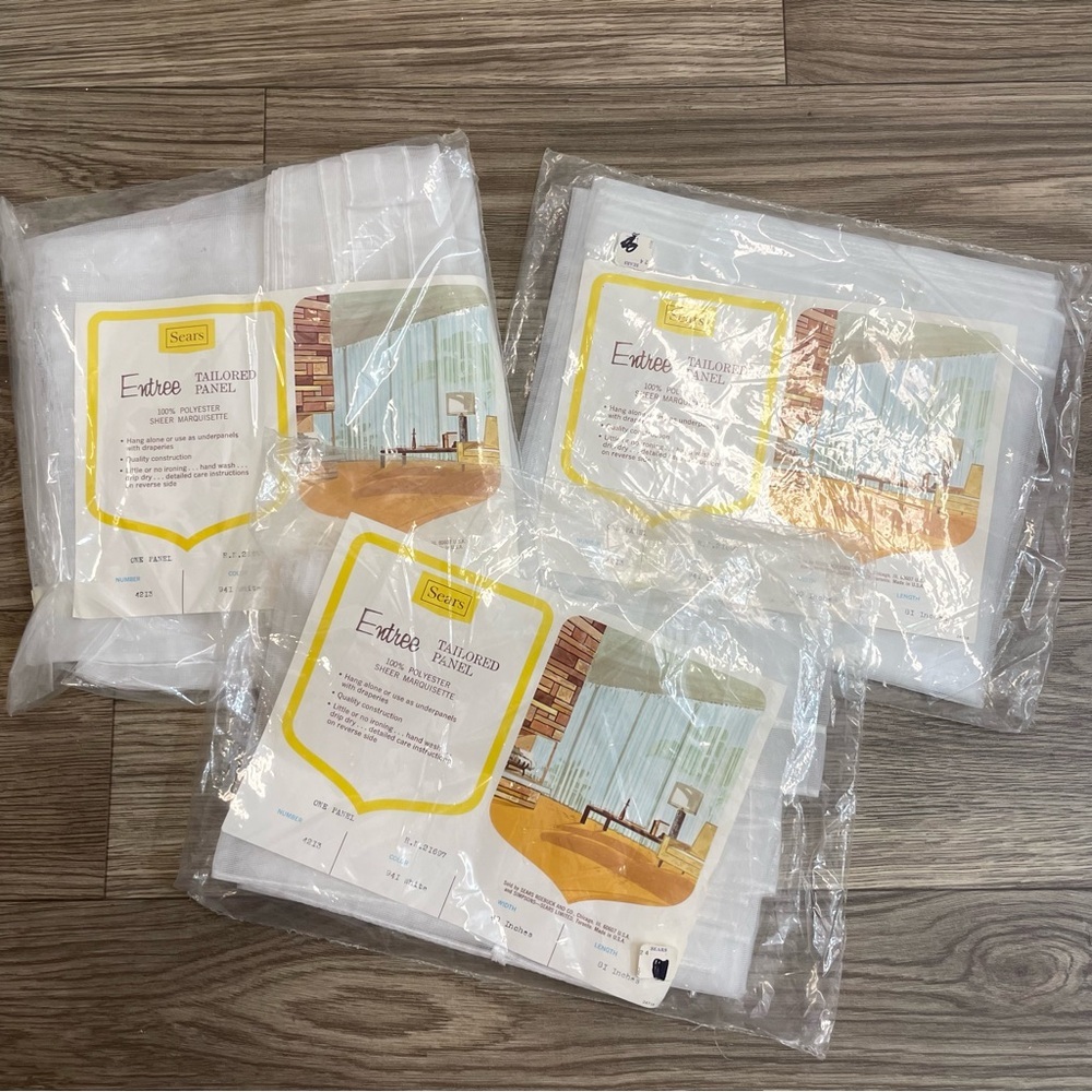 Sears Vintage Entree Sheer White MCM 1970s Tailored Curtain Panels - Set of 3